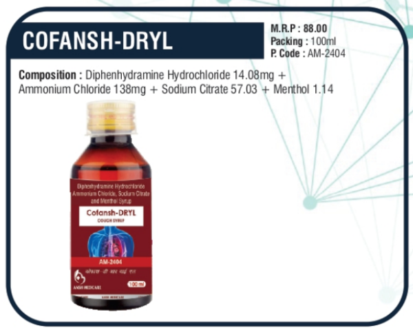 COFANSH-DRYL 100ml (Diphenhydramine Hydrochloride 14.08mg + Ammonium Chloride 138mg + Sodium Citrate 57.03mg + Menthol 1.14mg)