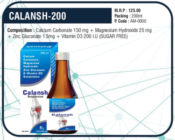 CALANSH-200 (Calcium Carbonate 150 mg + Magnesium Hydroxide 25 mg + Zinc Gluconate 1.5mg + Vitamin D3 200 I.U)