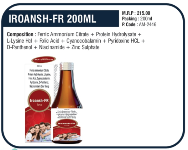 IROANSH-FR 200ML (Ferric Ammonium Citrate + Protein Hydrolysate + L-Lysine HCl + Folic Acid + Cyanocobalamin + Pyridoxine HCl + D-Panthenol + Niacinamide + Zinc Sulphate)