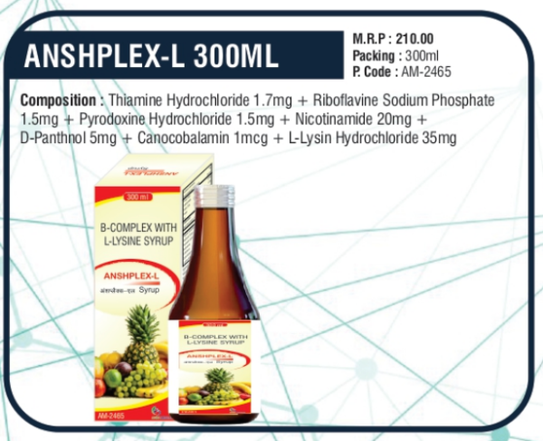 ANSHPLEX-L 300ML (Thiamine Hydrochloride 1.7mg + Riboflavine Sodium Phosphate 1.5mg + Pyridoxine Hydrochloride 1.5mg + Nicotinamide 20mg + D-Panthenol 5mg + Cyanocobalamin 1mcg + L-Lysine Hydrochloride 35mg)